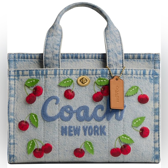 NWT Cherry Embroidered Denim Cargo Tote 26 In Original Packaging Cherries π - Picture 6 of 11